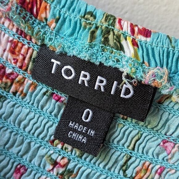 Torrid Off Shouler‎ Women's Turquoise Scarf Print Challis Smocked Maxi Dress 0X - Picture 8 of 12